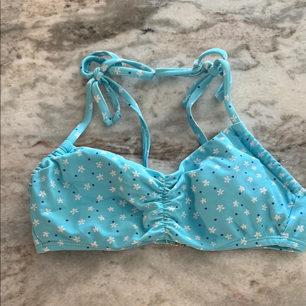 Blue and White Polka Dot Tie Bikini Top